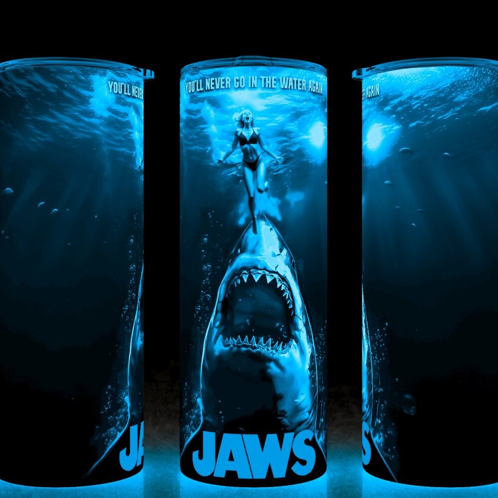 Glow in the Dark Jaws 70s Horror Great White Shark Movie Cup Mug Tumbler 20oz